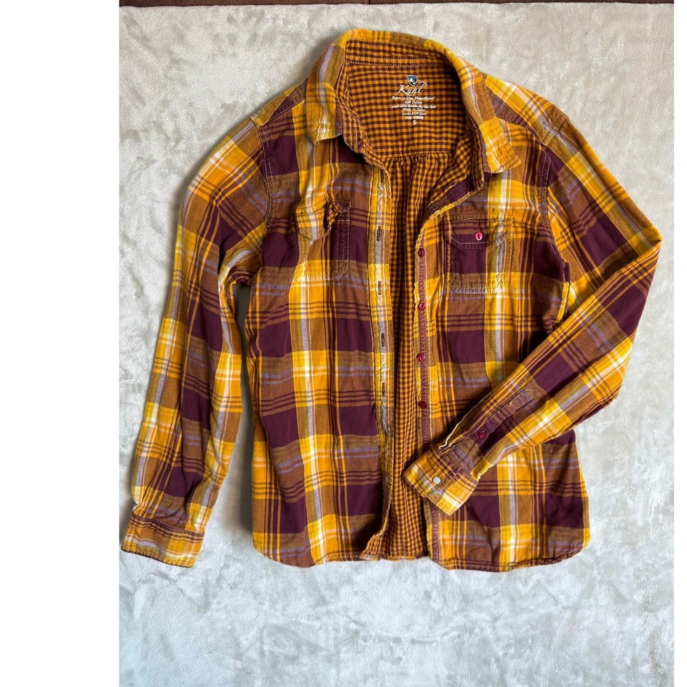 Kuhl Womens Plaid Flannel Shirt Mustard Yellow Burgundy Long Sleeve Cotton Small